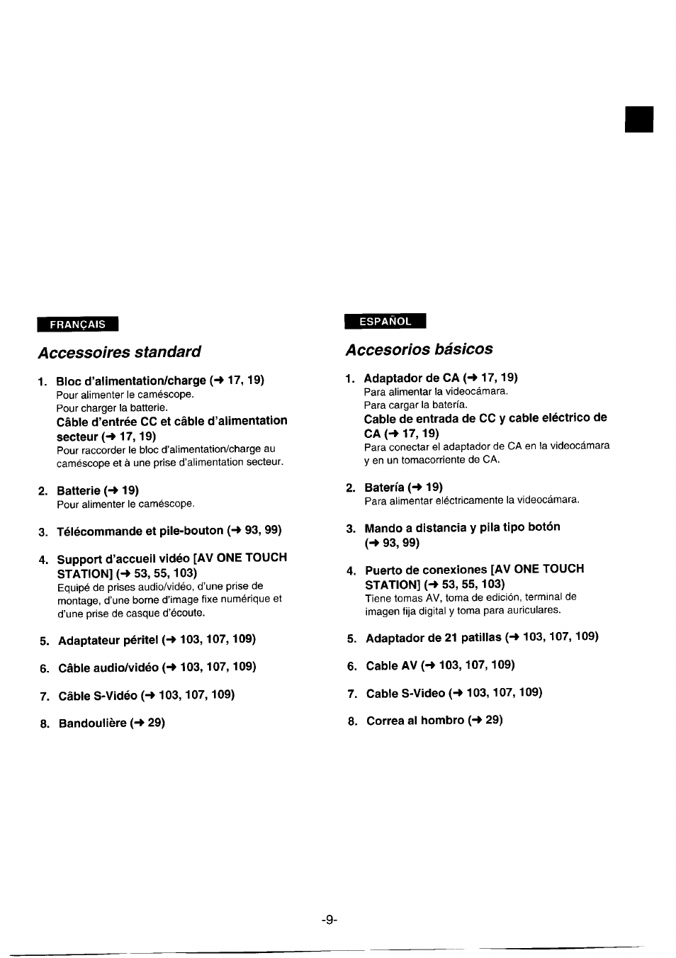 Accessoires standard, Accesorios básicos | Panasonic NVDS1EG User Manual | Page 9 / 180