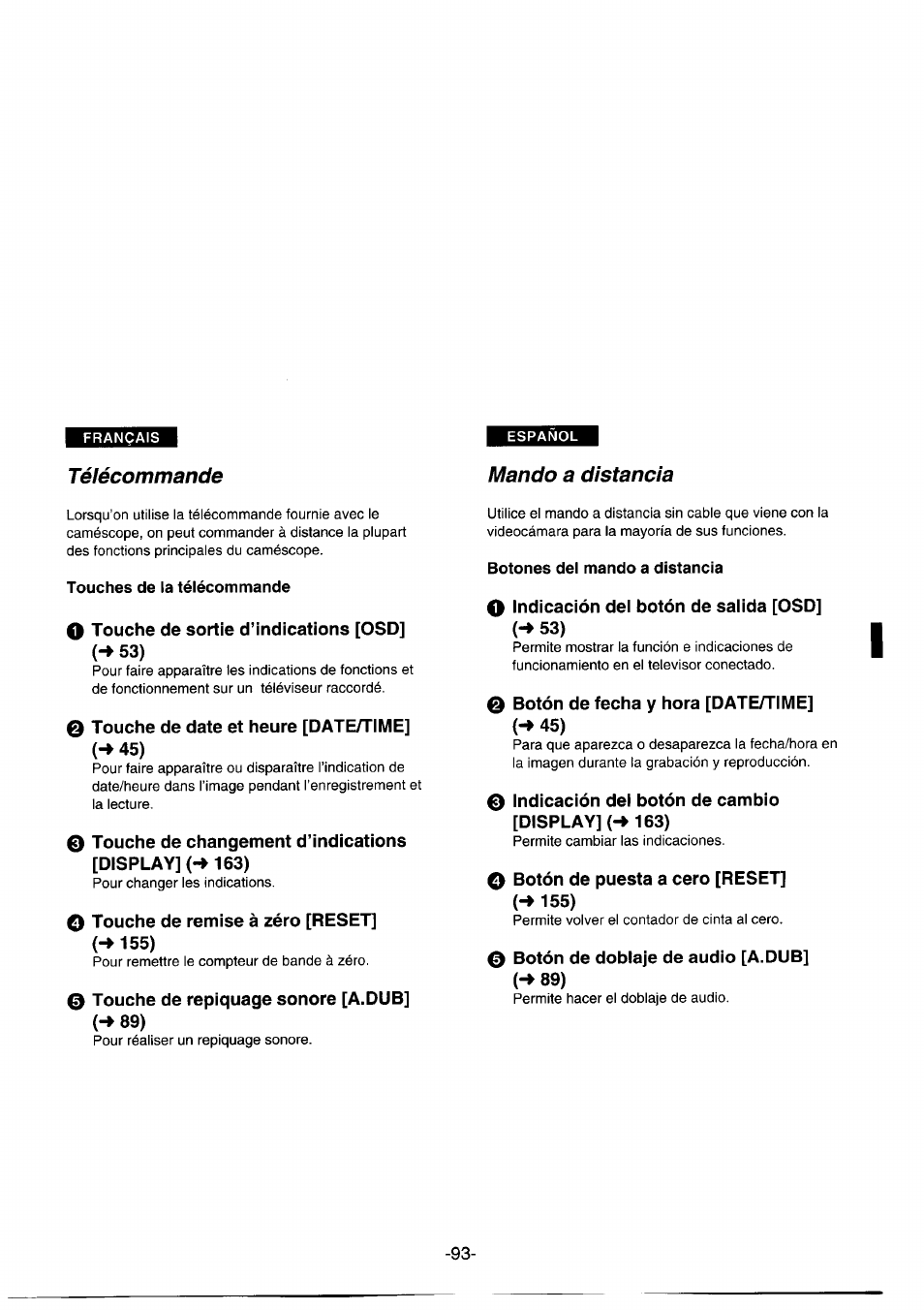 Mando a distancia, Touches de la télécommande, Botones del mando a distancia | Utilización del mando a distancia, Télécommande mando a distancia | Panasonic NVDS1EG User Manual | Page 93 / 180