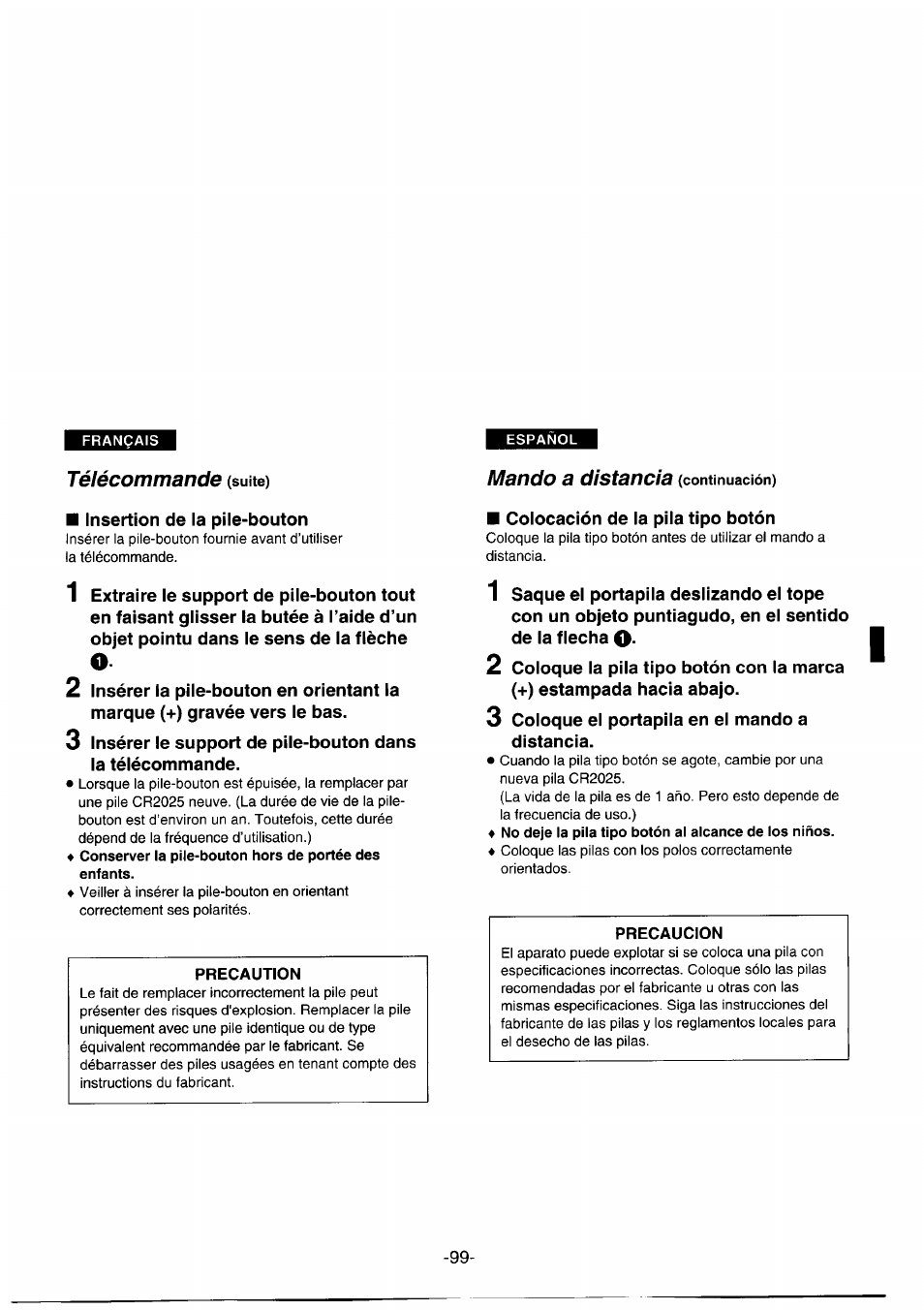 Télécommande (suite), Precaution, Mando a distancia (continuación) | Precaucion, Télécommande, Mando a distancia | Panasonic NVDS1EG User Manual | Page 99 / 180