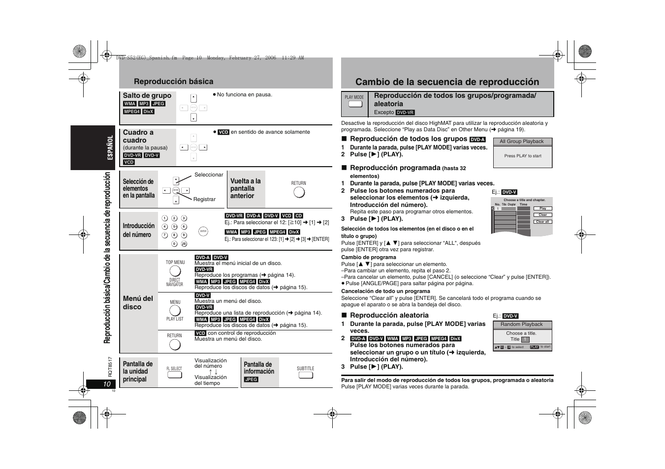 Cambio de la secuencia de reproducción, Reproducción básica | Panasonic DVDS52 User Manual | Page 10 / 88