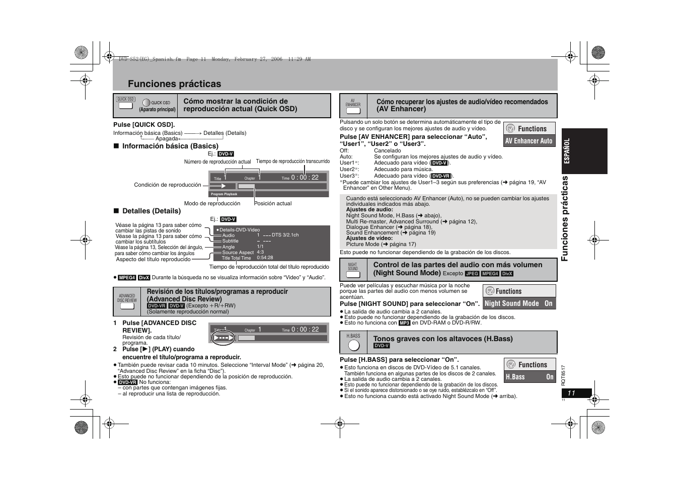 Funciones prácticas, Funci ones práct icas | Panasonic DVDS52 User Manual | Page 11 / 88