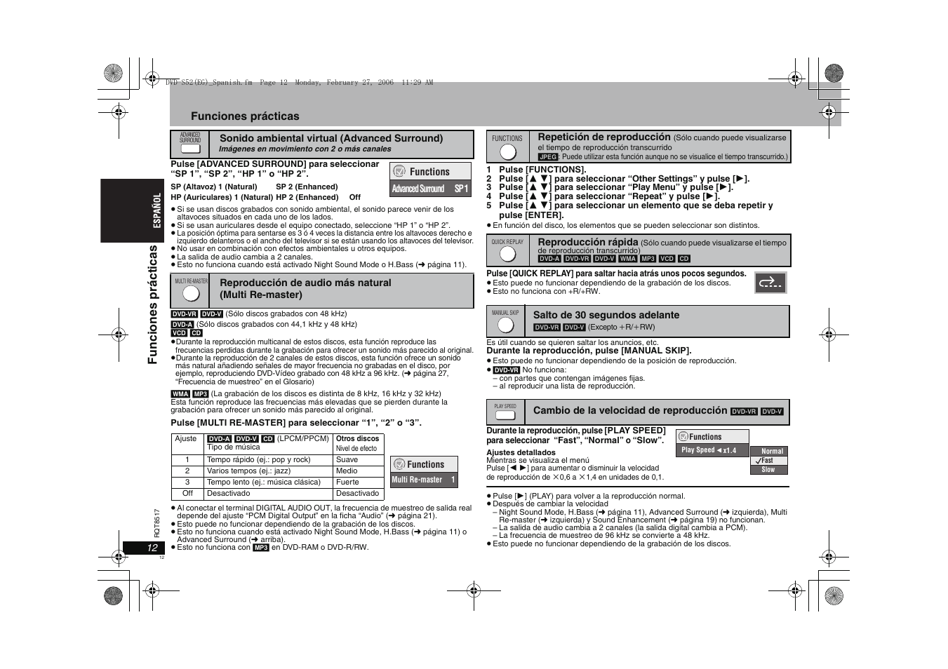 Funci ones práct icas, Funciones prácticas | Panasonic DVDS52 User Manual | Page 12 / 88