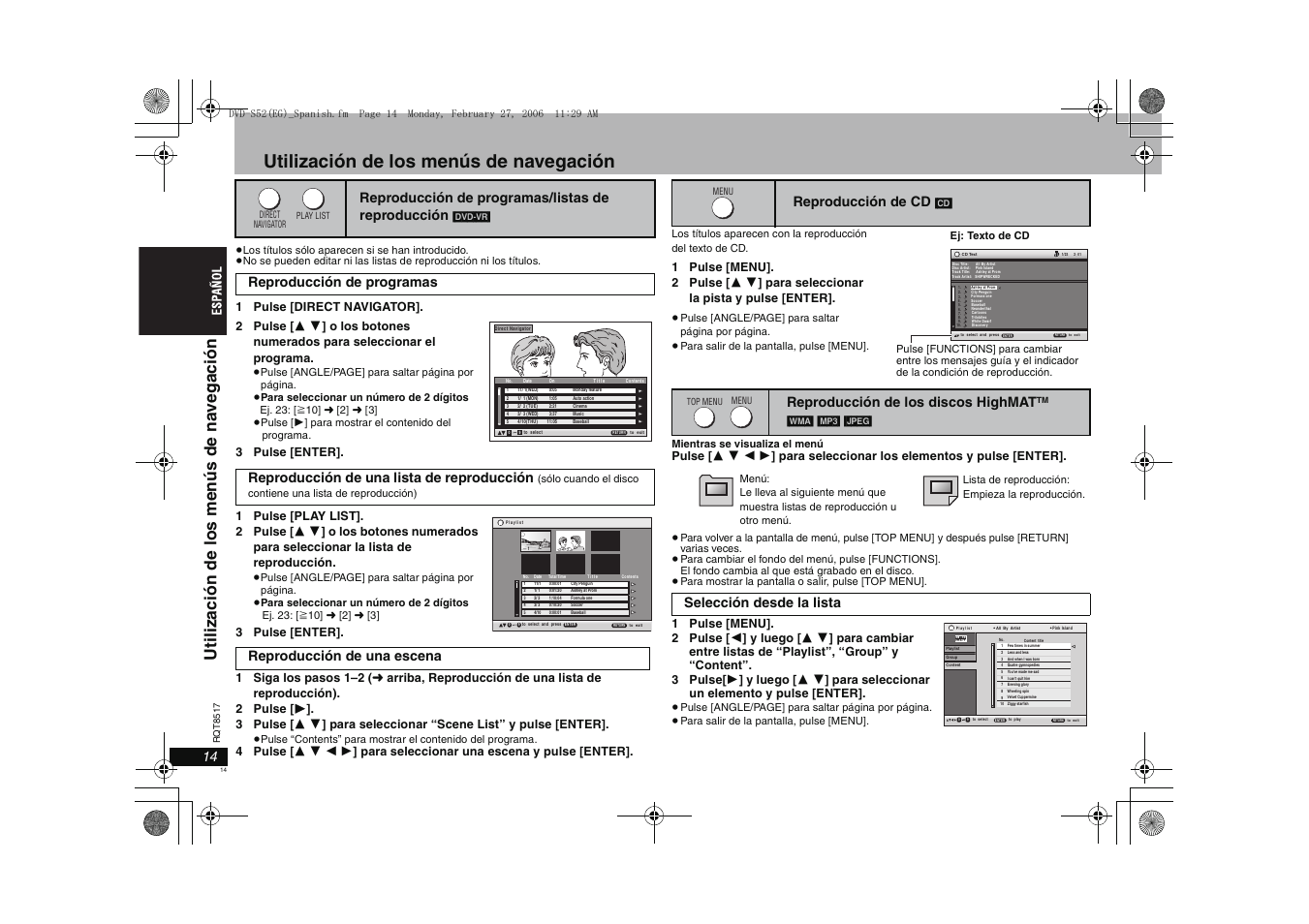 Utilización de los menús de navegación, Reproducción de programas/listas de reproducción, Reproducción de una escena | Reproducción de cd, Reproducción de los discos highmat, Selección desde la lista | Panasonic DVDS52 User Manual | Page 14 / 88