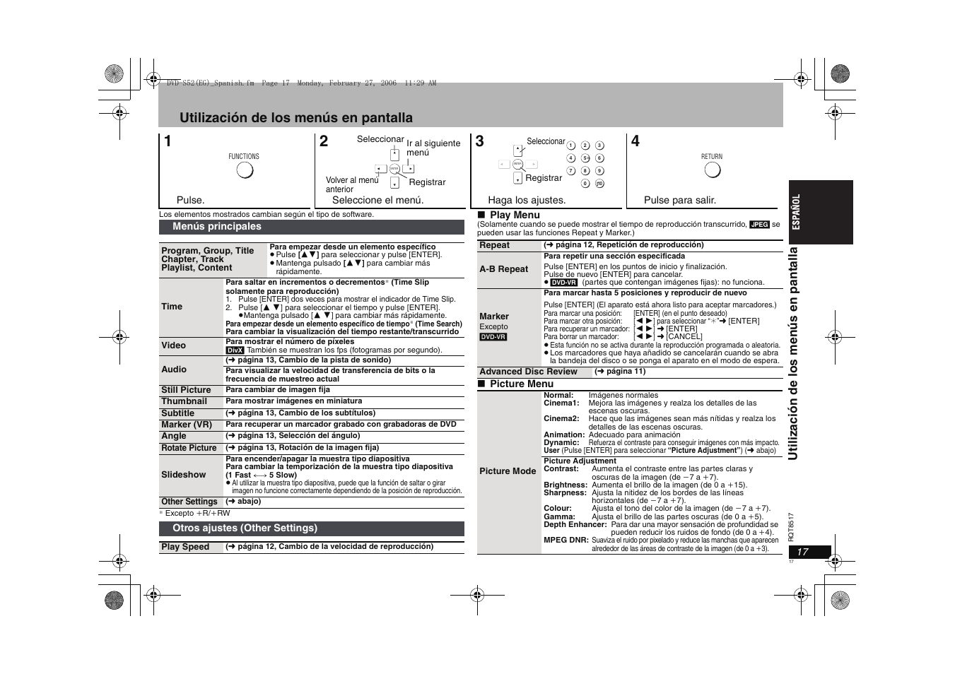 Utilización de los menús en pantalla, Uti li z aci ón de los men ús en pantal la | Panasonic DVDS52 User Manual | Page 17 / 88