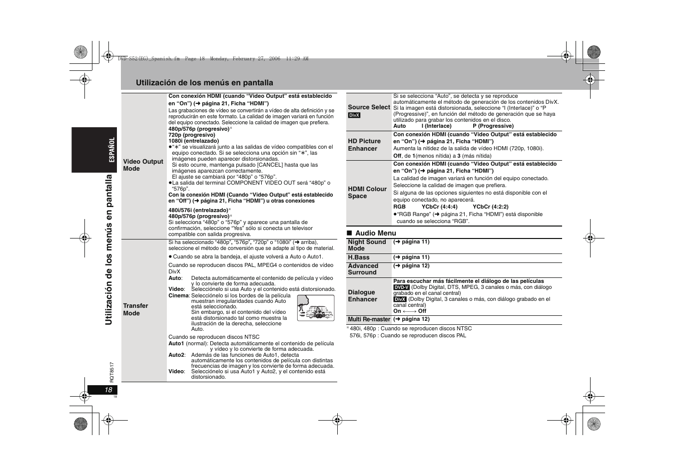 Uti li z aci ón de los men ús en pantal la, Utilización de los menús en pantalla | Panasonic DVDS52 User Manual | Page 18 / 88