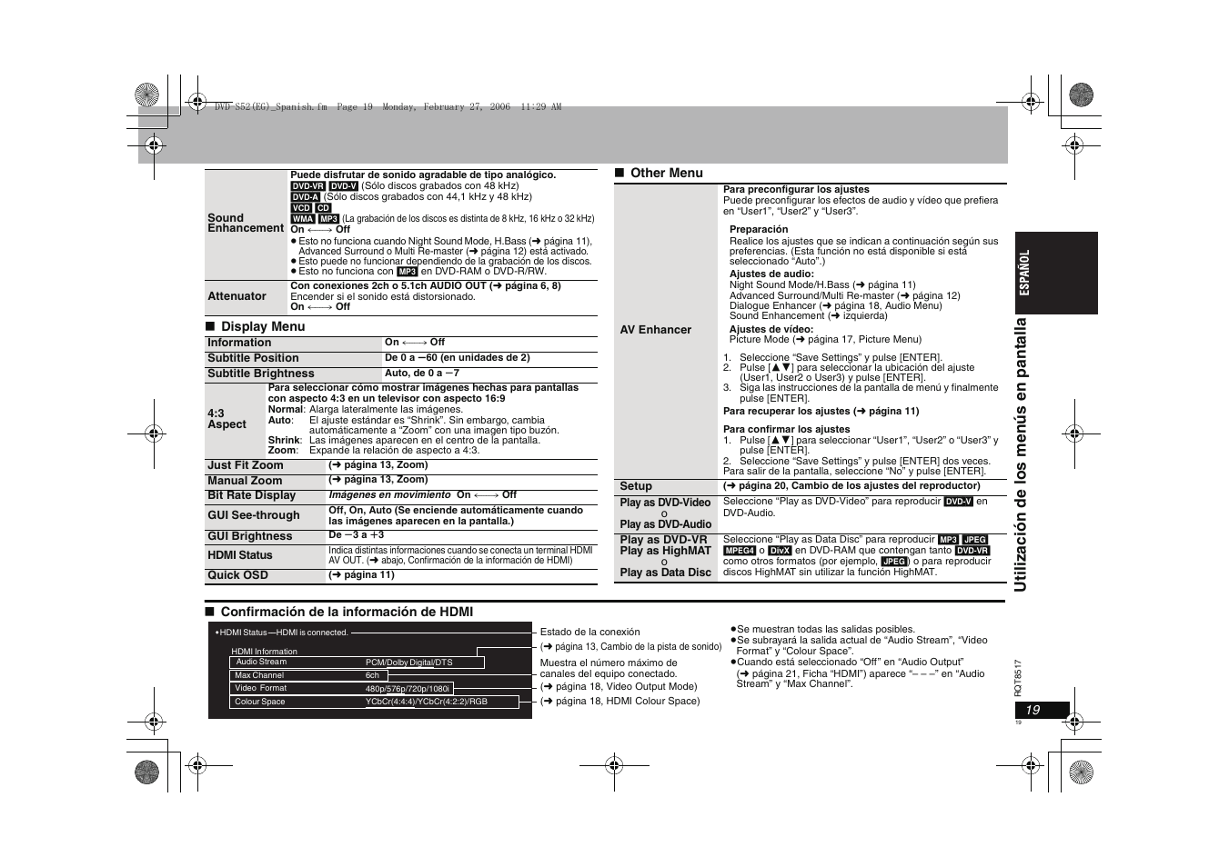 Uti li z aci ón de los men ús en pantal la | Panasonic DVDS52 User Manual | Page 19 / 88