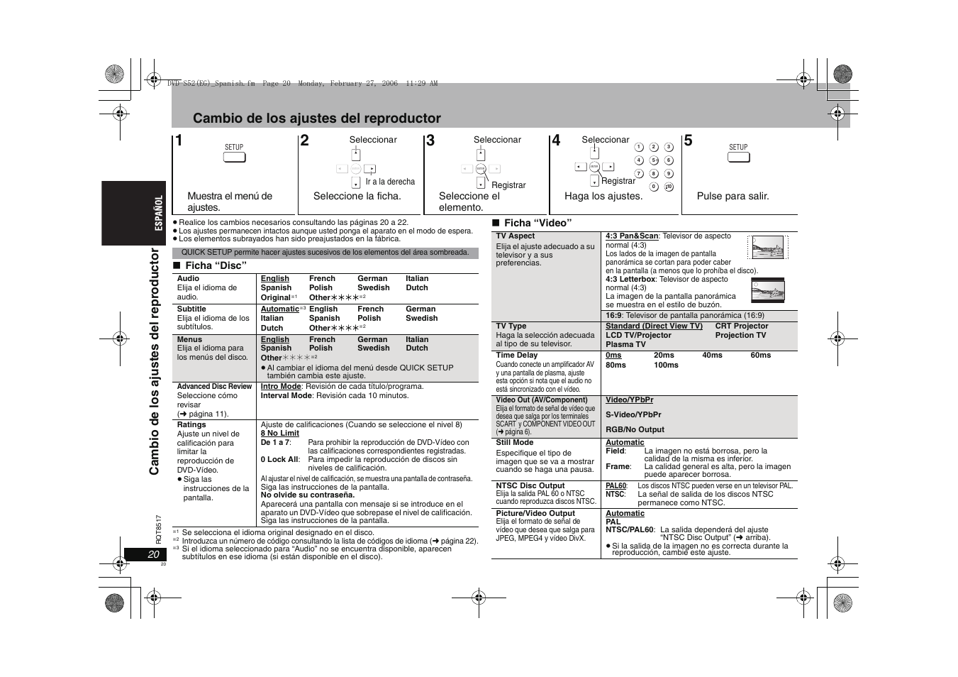 Cambio de los ajustes del reproductor, Ca m b io de los aj ust es del repr odu ctor | Panasonic DVDS52 User Manual | Page 20 / 88