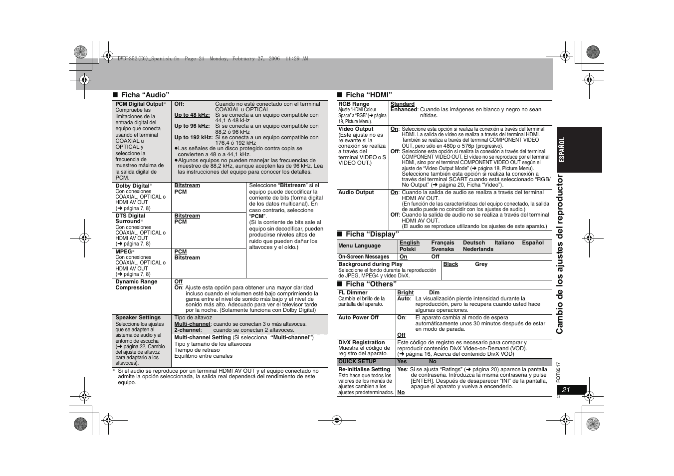 Ca m b io de los aj ust es del repr odu ctor | Panasonic DVDS52 User Manual | Page 21 / 88