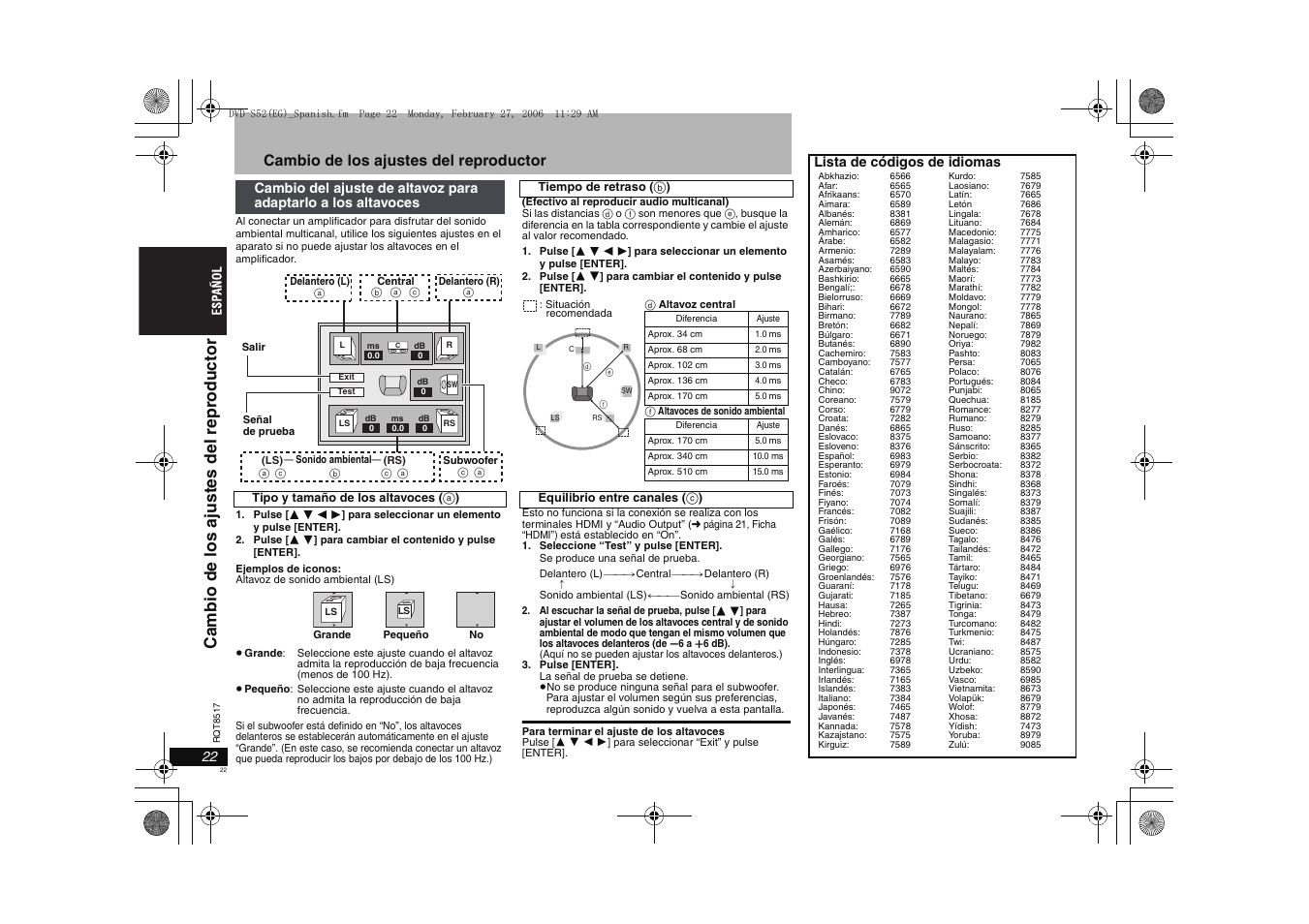 Ca m b io de los aj ust es del repr odu ctor, Cambio de los ajustes del reproductor, Lista de códigos de idiomas | Panasonic DVDS52 User Manual | Page 22 / 88