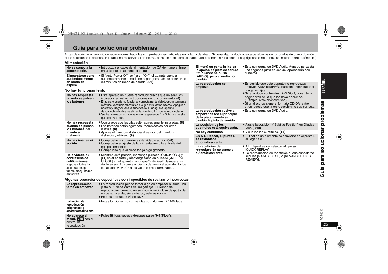 Guía para solucionar problemas, Guía par a sol uci onar pr ob le m a s | Panasonic DVDS52 User Manual | Page 23 / 88