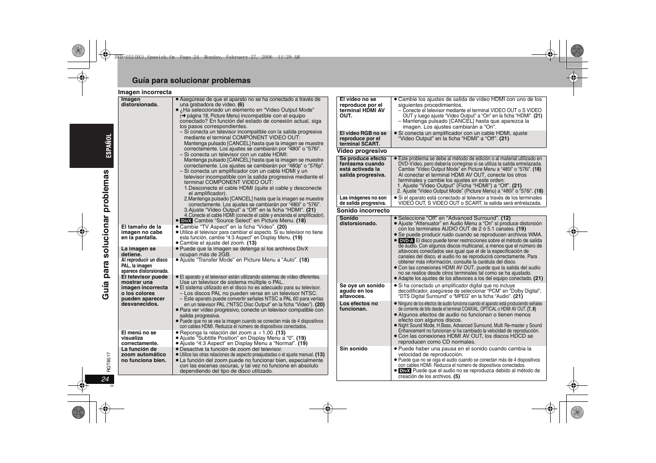 Guía par a sol uci onar pr ob le m a s, Guía para solucionar problemas | Panasonic DVDS52 User Manual | Page 24 / 88