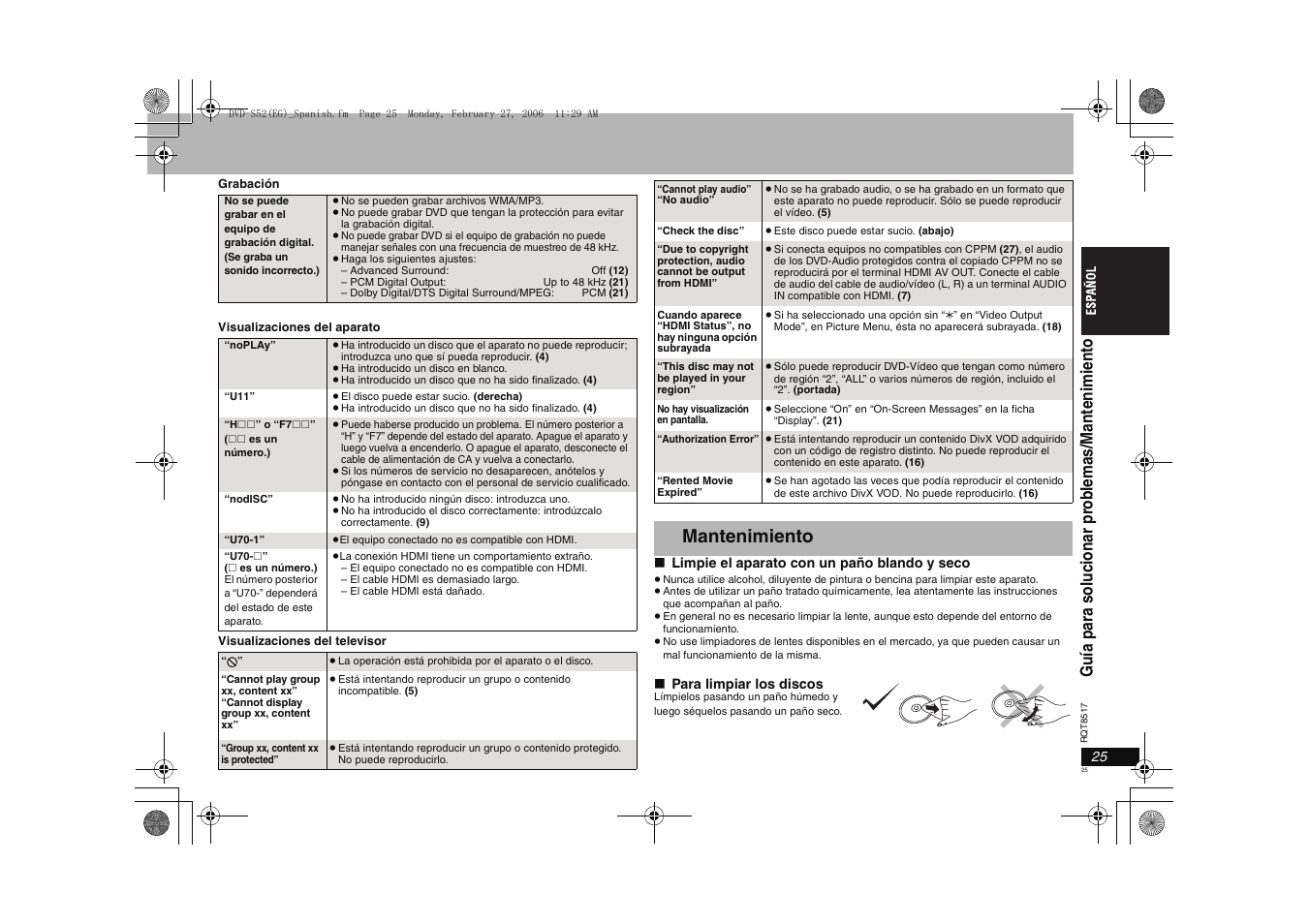 Mantenimiento | Panasonic DVDS52 User Manual | Page 25 / 88