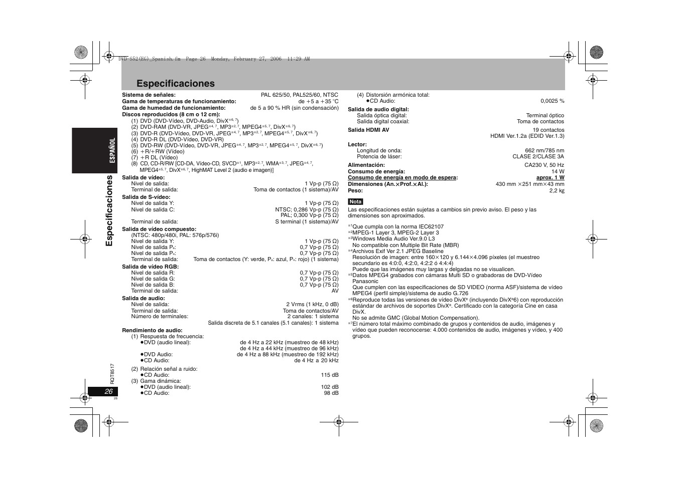 Especificaciones, Es pecif ic aciones | Panasonic DVDS52 User Manual | Page 26 / 88