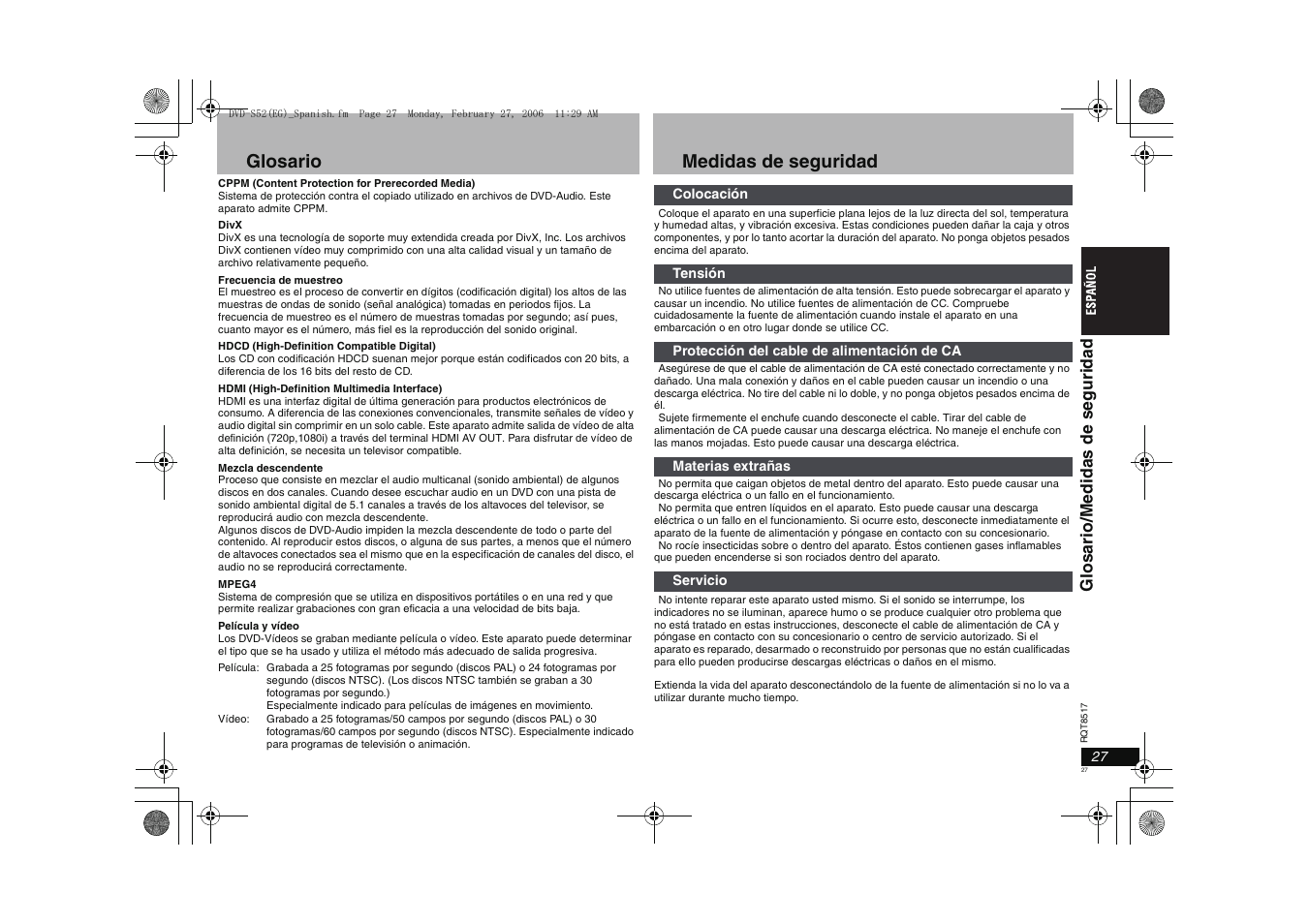 Glosario, Medidas de seguridad, Glos ari o /medi das de segur idad | Panasonic DVDS52 User Manual | Page 27 / 88