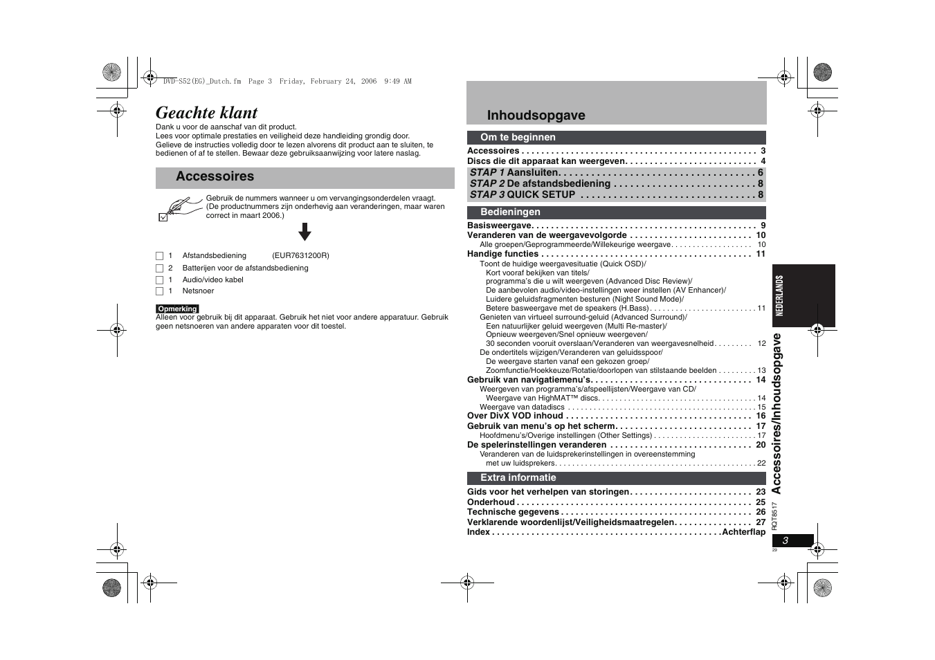 Geachte klant, Accessoires inhoudsopgave, Acce ssoire s/inho udsop ga ve | Panasonic DVDS52 User Manual | Page 29 / 88