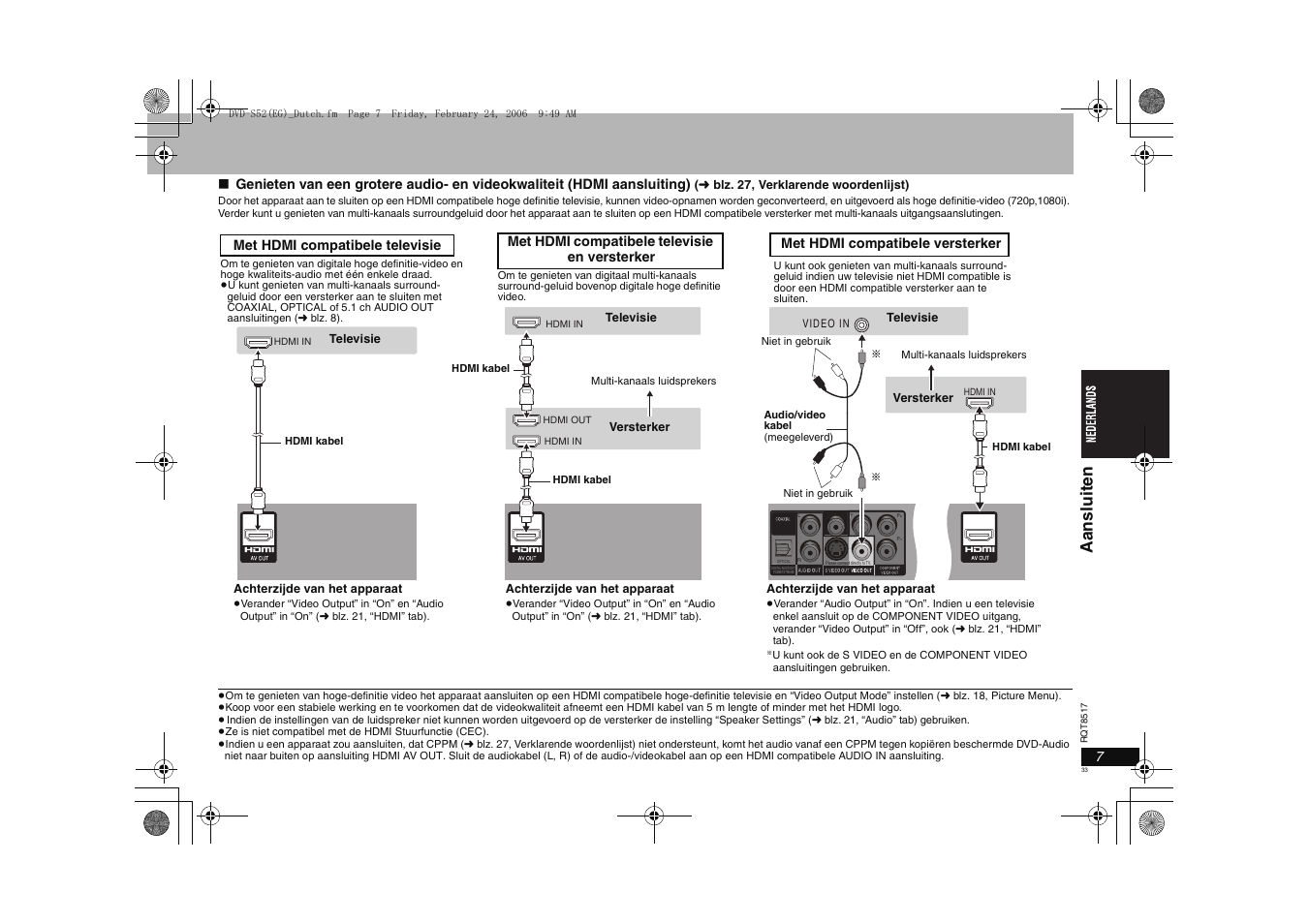 Aanslui te n, Met hdmi compatibele televisie | Panasonic DVDS52 User Manual | Page 33 / 88