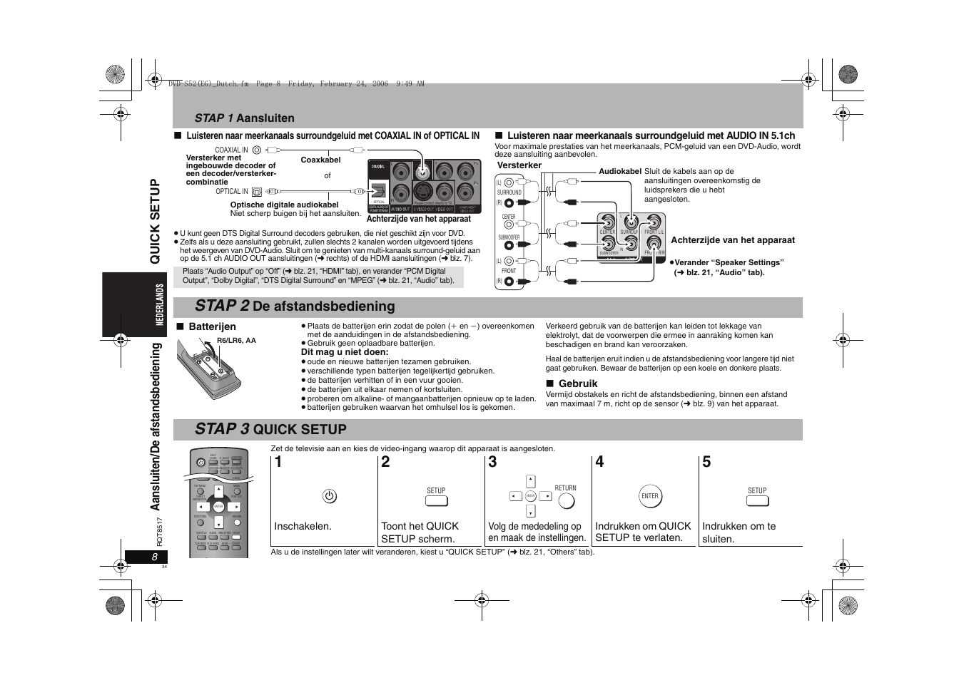 Stap 2, Stap 3, De afstandsbediening | Quick setup, Stap 1 aansluiten | Panasonic DVDS52 User Manual | Page 34 / 88