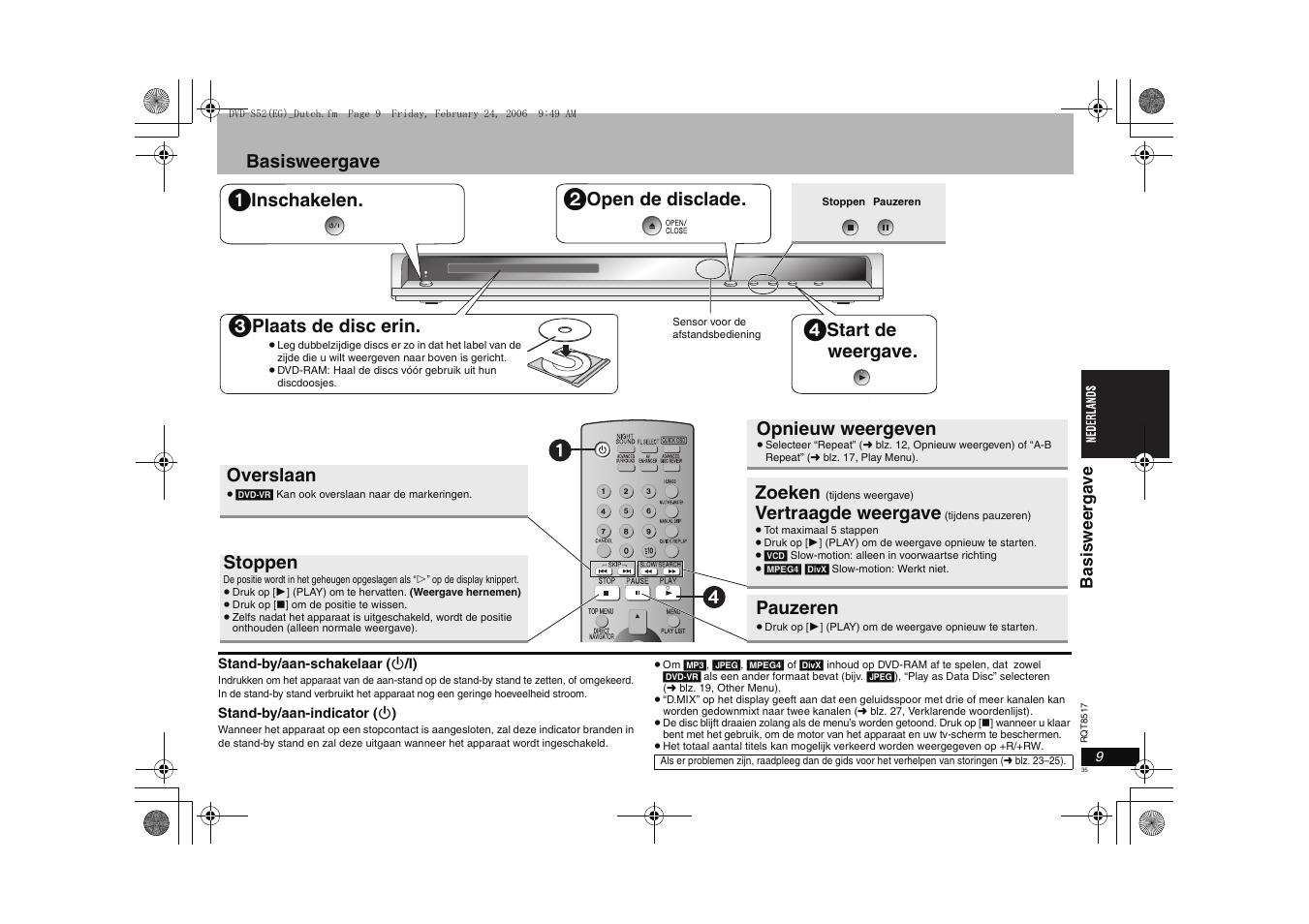 Basisweergave, Inschakelen, Open de disclade | Plaats de disc erin, Start de weergave, Overslaan, Stoppen, Zoeken, Vertraagde weergave, Pauzeren | Panasonic DVDS52 User Manual | Page 35 / 88