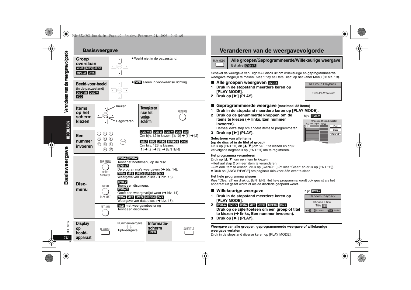 Veranderen van de weergavevolgorde, Basisweergave | Panasonic DVDS52 User Manual | Page 36 / 88