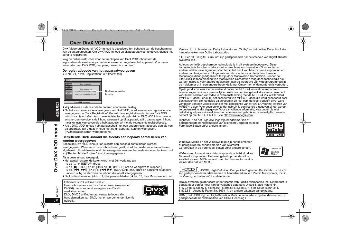 Over divx vod inhoud | Panasonic DVDS52 User Manual | Page 42 / 88