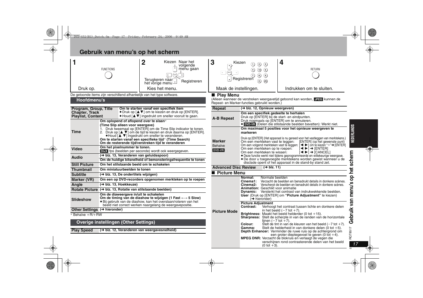 Gebruik van menu’s op het scherm, Gebr ui k v an m en u ’s o p het s che rm | Panasonic DVDS52 User Manual | Page 43 / 88