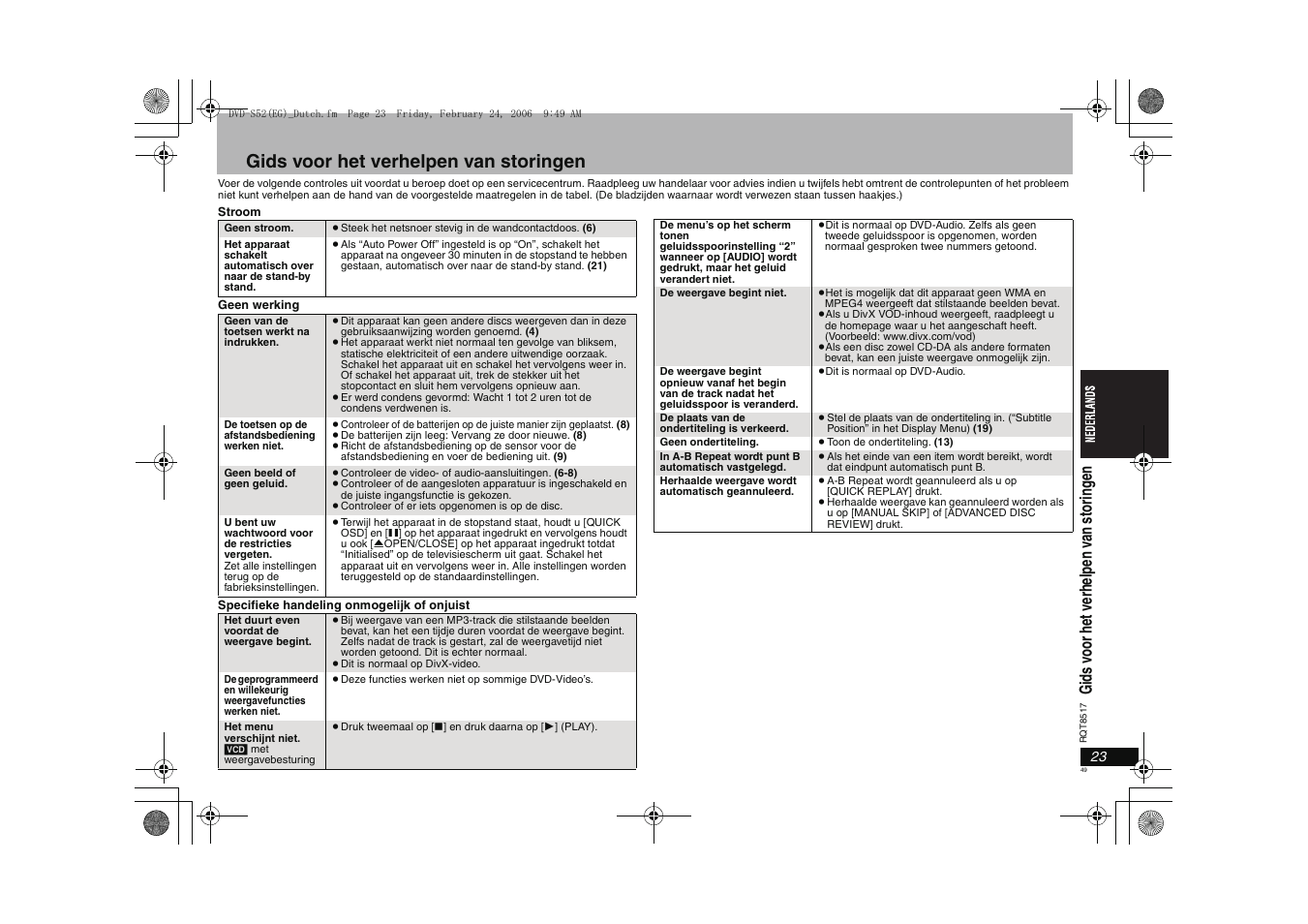 Gids voor het verhelpen van storingen, Gids v oo r he t ver he lp en v an sto rin gen | Panasonic DVDS52 User Manual | Page 49 / 88