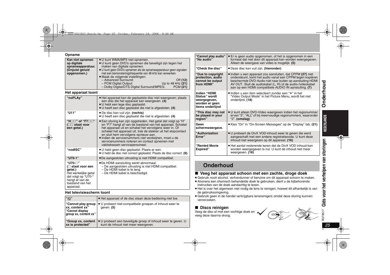 Onderhoud | Panasonic DVDS52 User Manual | Page 51 / 88