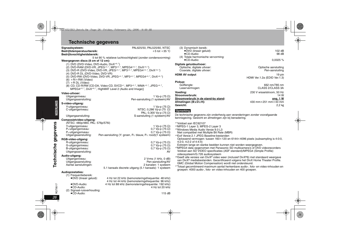 Technische gegevens, Te c hni sc he geg e ven s | Panasonic DVDS52 User Manual | Page 52 / 88