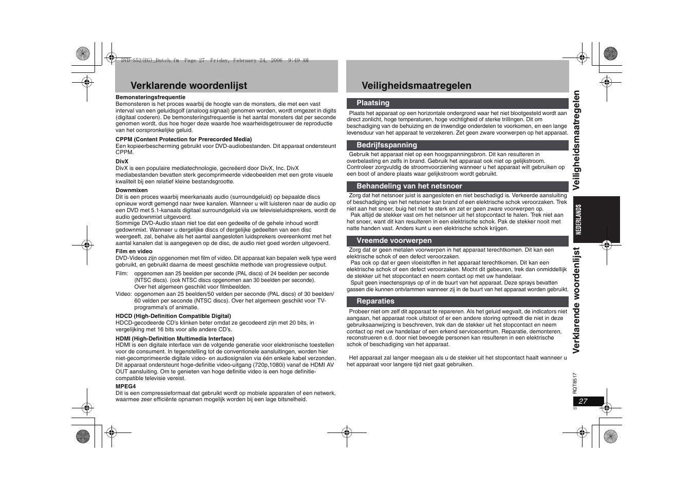 Verklarende woordenlijst, Veiligheidsmaatregelen | Panasonic DVDS52 User Manual | Page 53 / 88