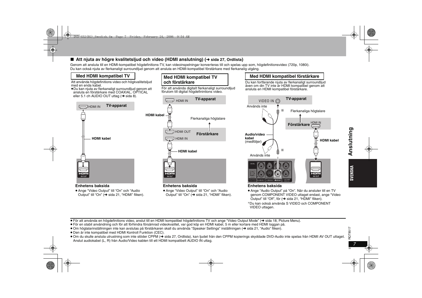 Ansl utni ng, Med hdmi kompatibel tv, Med hdmi kompatibel tv och förstärkare | Med hdmi kompatibel förstärkare | Panasonic DVDS52 User Manual | Page 59 / 88