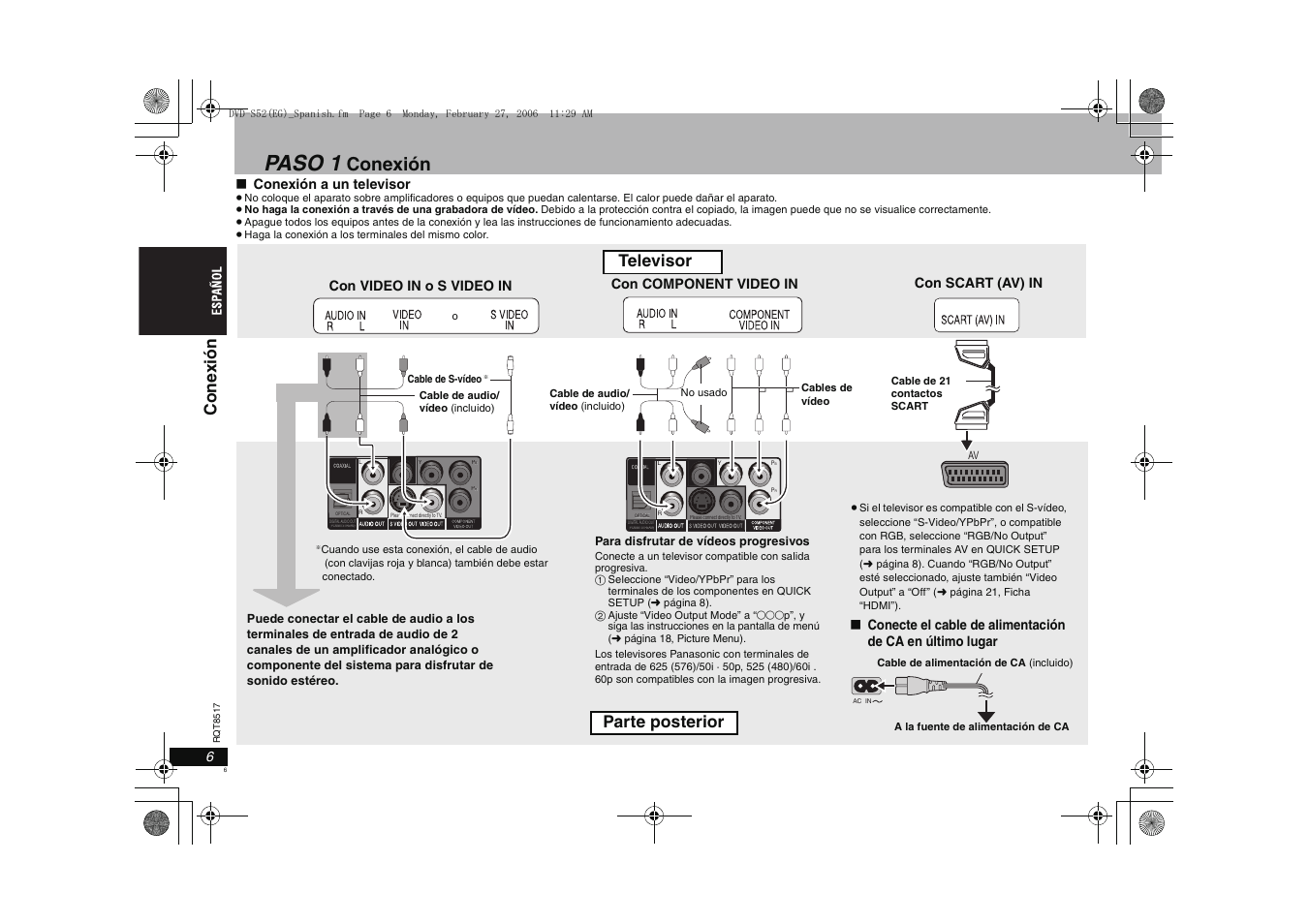 Paso 1, Conexión, Televisor parte posterior | Cone xión, Conexión a un televisor, Con video in o s video in, Con component video in, Con scart (av) in | Panasonic DVDS52 User Manual | Page 6 / 88