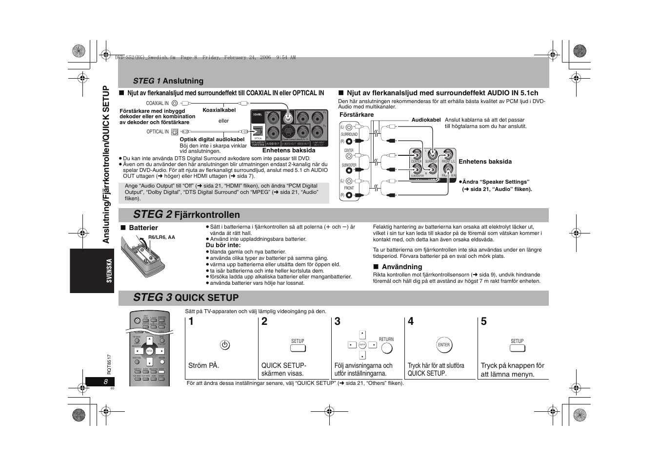 Steg 2, Steg 3, Fjärrkontrollen | Quick setup, Steg 1 anslutning | Panasonic DVDS52 User Manual | Page 60 / 88