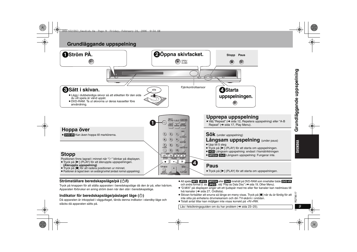 Grundläggande uppspelning, Ström på, Öppna skivfacket | Sätt i skivan, Starta uppspelningen, Hoppa över, Stopp, Långsam uppspelning, Paus, Upprepa uppspelning | Panasonic DVDS52 User Manual | Page 61 / 88