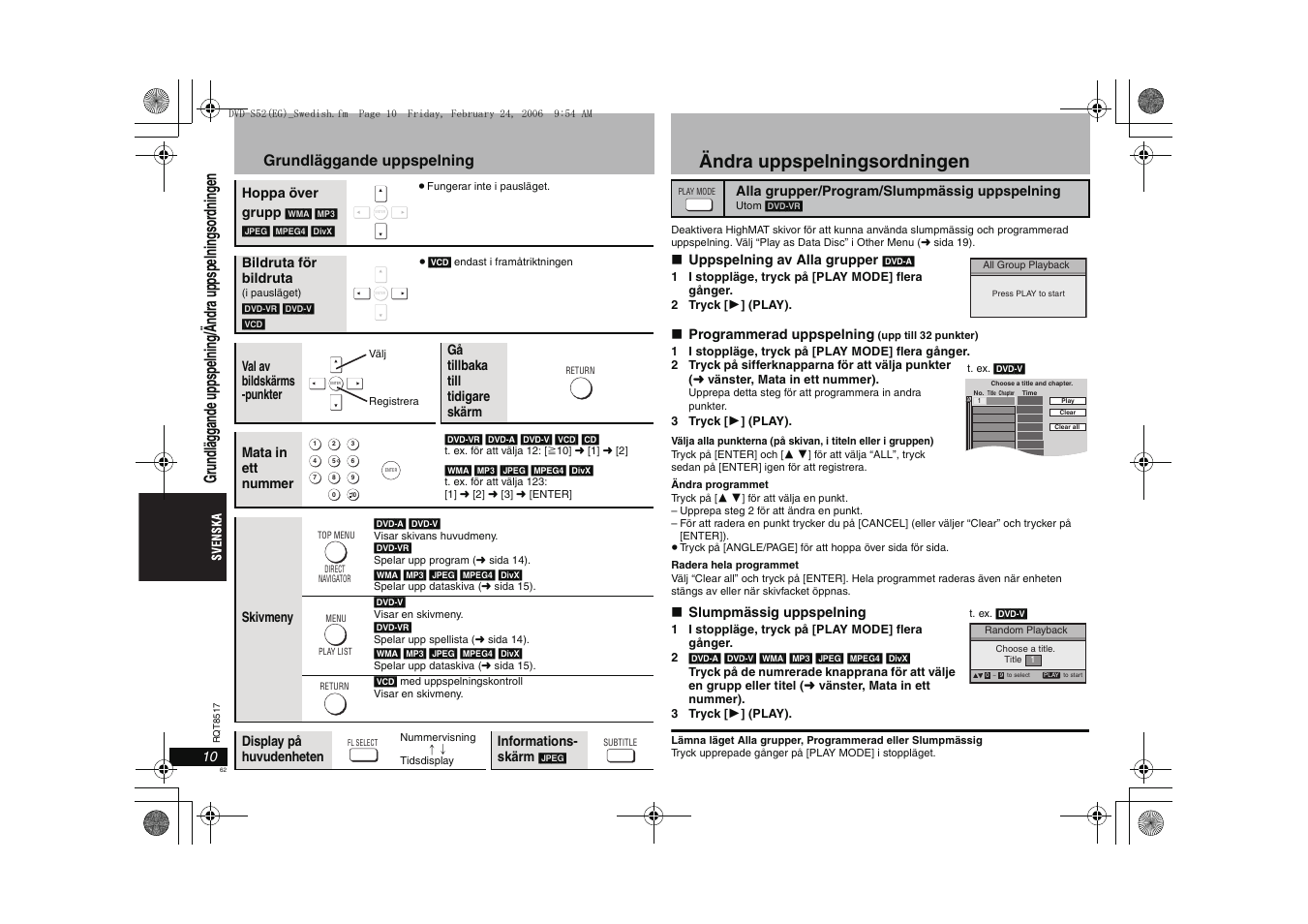 Ändra uppspelningsordningen, Grundläggande uppspelning | Panasonic DVDS52 User Manual | Page 62 / 88