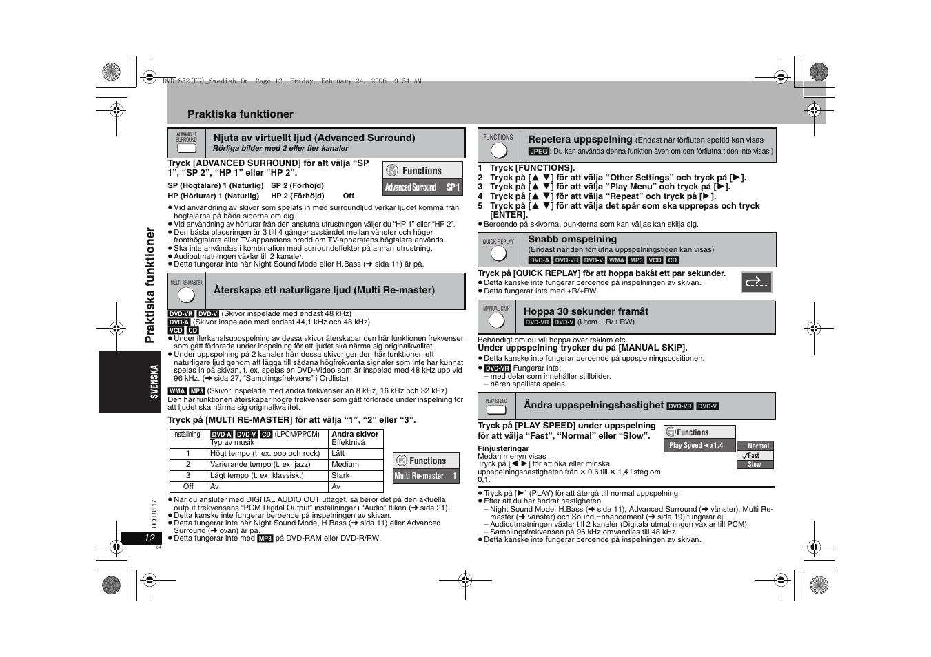 Pra k ti ska funkt ione r, Praktiska funktioner | Panasonic DVDS52 User Manual | Page 64 / 88