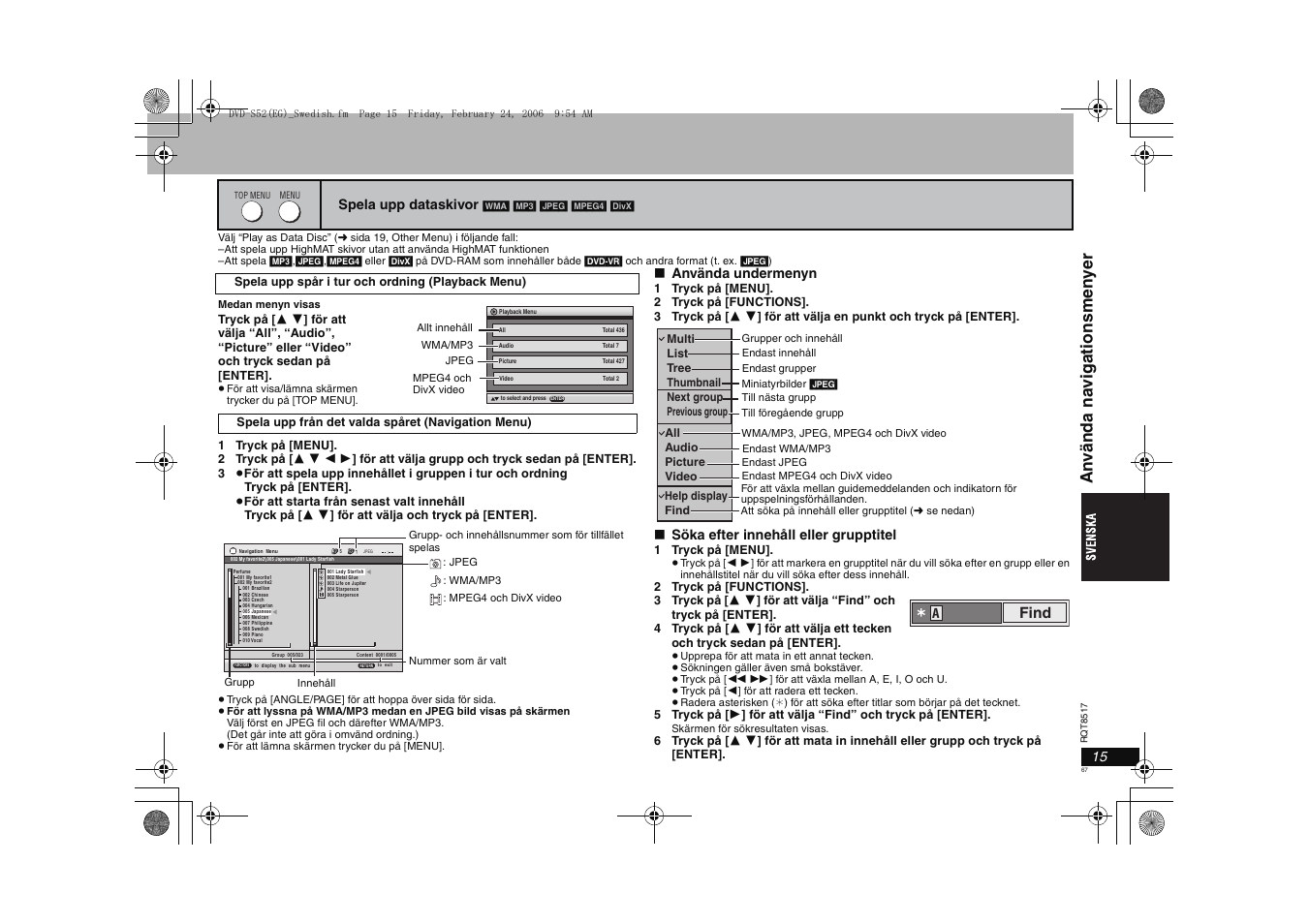 An v ända na vi gati onsmen y e r, Find | Panasonic DVDS52 User Manual | Page 67 / 88