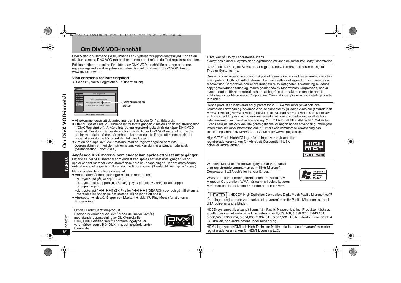 Om divx vod-innehåll | Panasonic DVDS52 User Manual | Page 68 / 88