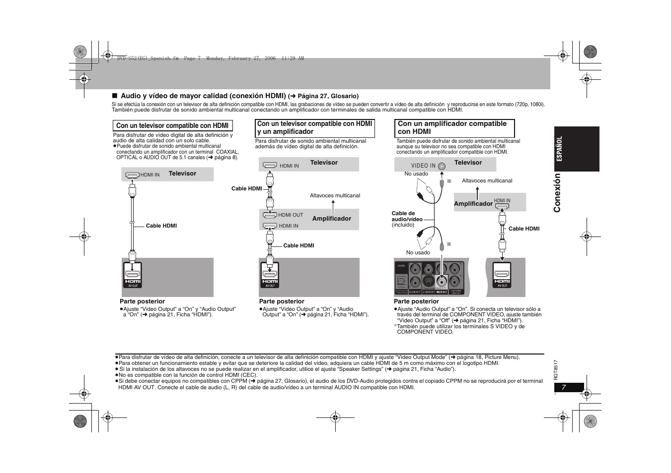 Cone xión, Con un televisor compatible con hdmi, Audio y vídeo de mayor calidad (conexión hdmi) | Panasonic DVDS52 User Manual | Page 7 / 88