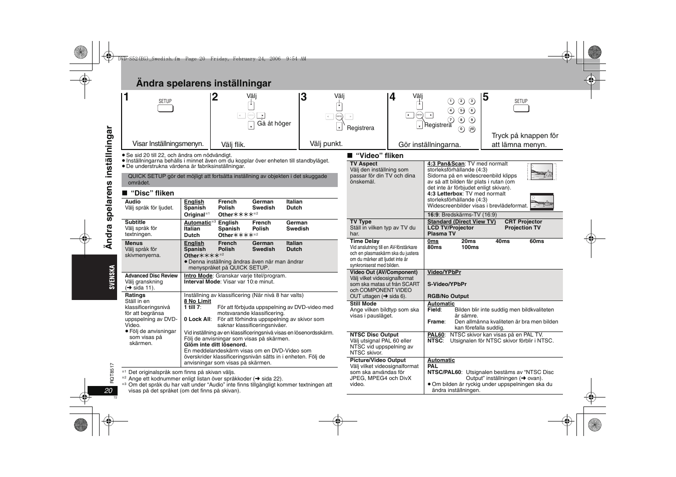 Ändra spelarens inställningar, Ändr a spel are ns i nstä ll n ingar | Panasonic DVDS52 User Manual | Page 72 / 88