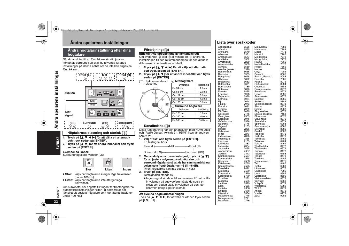 Ändra spelarens inställningar, Än d ra sp ela ren s in st älln in g a r, Ändra högtalarinställning efter dina högtalare | Lista över språkkoder | Panasonic DVDS52 User Manual | Page 74 / 88