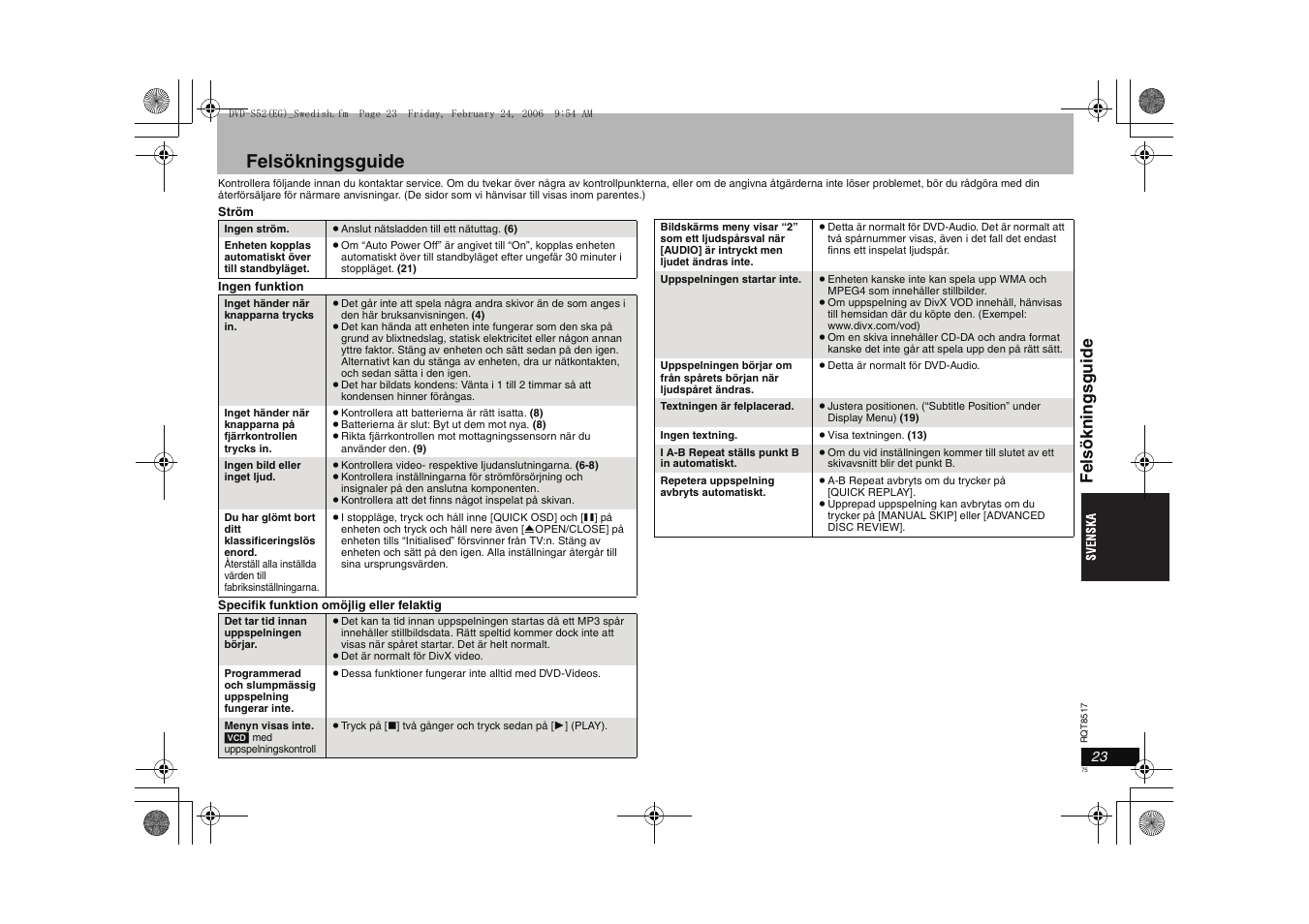 Felsökningsguide, Fel sökni ngsgui de | Panasonic DVDS52 User Manual | Page 75 / 88