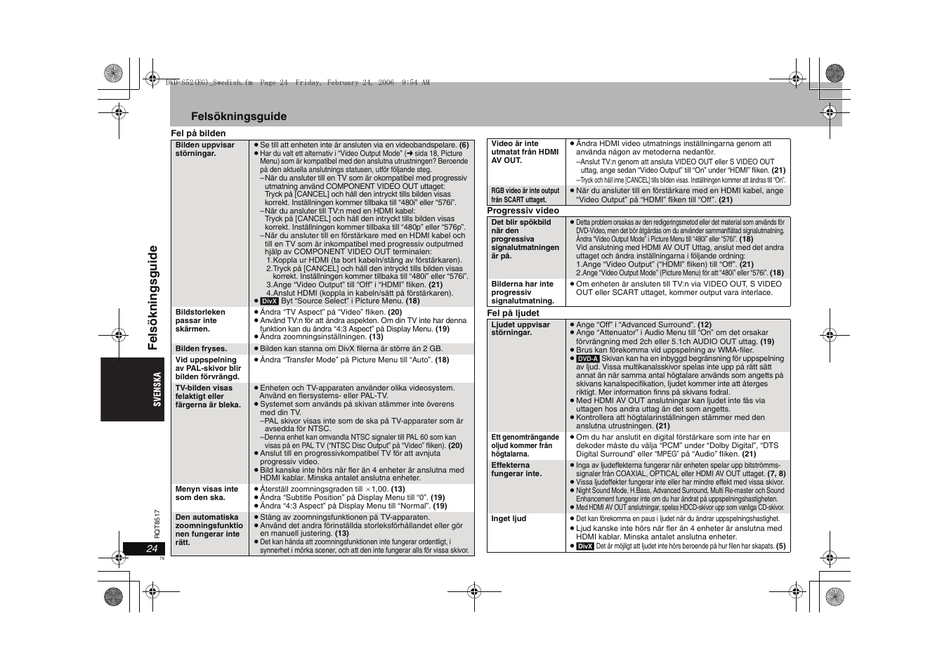 Fel sökni ngsgui de, Felsökningsguide | Panasonic DVDS52 User Manual | Page 76 / 88