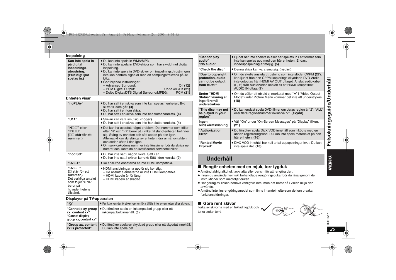 Underhåll, Fel sökni ngsgui de/under håll | Panasonic DVDS52 User Manual | Page 77 / 88