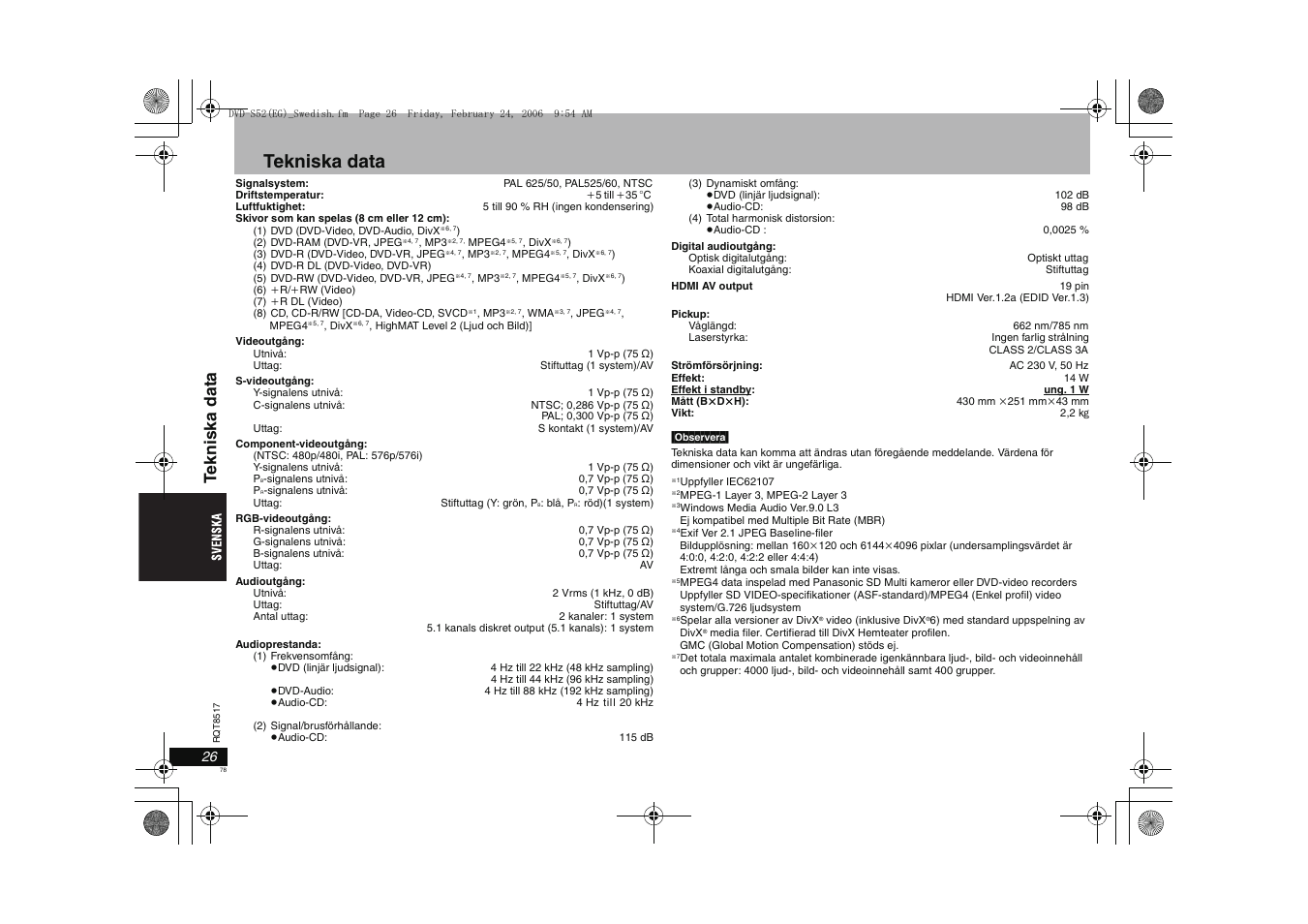 Tekniska data, Teknis ka dat a | Panasonic DVDS52 User Manual | Page 78 / 88