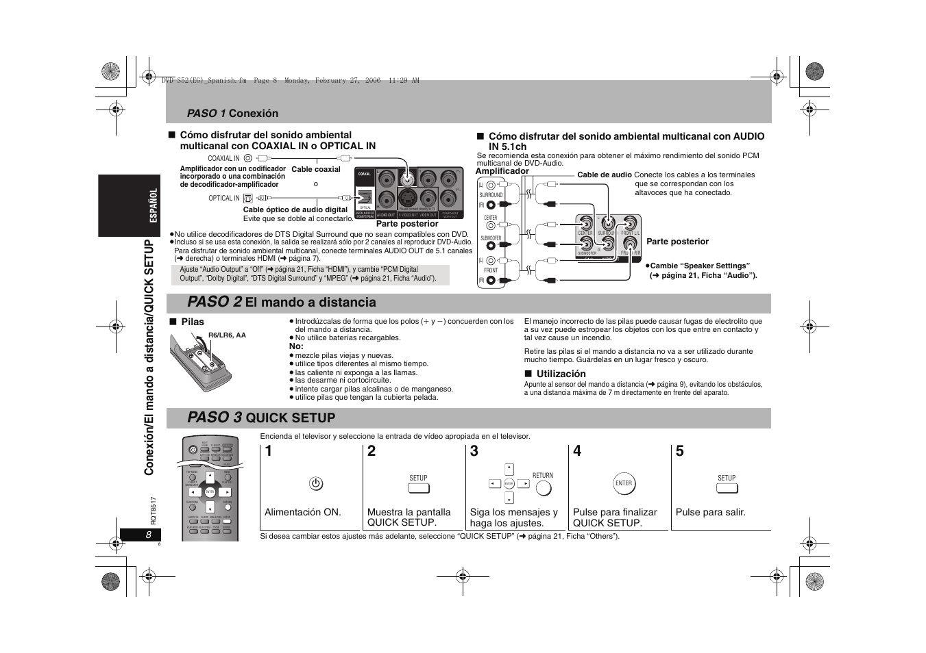 Paso 2, Paso 3, El mando a distancia | Quick setup, Paso 1 conexión | Panasonic DVDS52 User Manual | Page 8 / 88