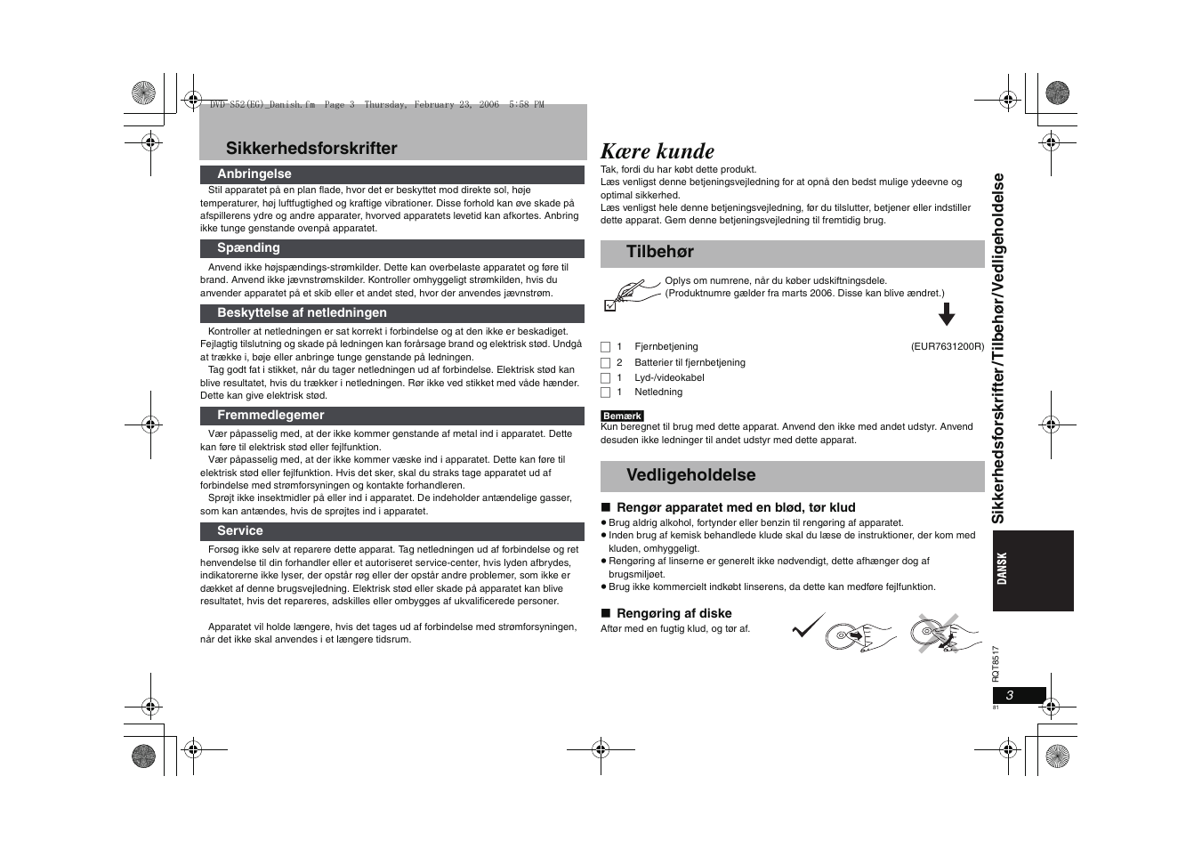 Kære kunde, Sikkerhedsforskrifter, Tilbehør vedligeholdelse | Panasonic DVDS52 User Manual | Page 81 / 88