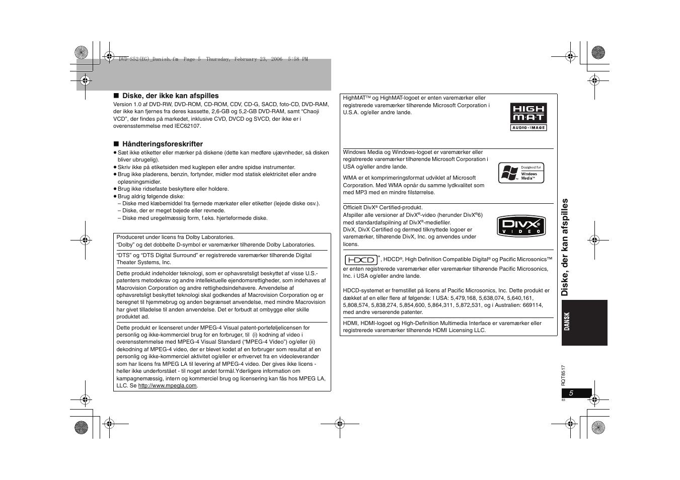 Diske, der kan afspi ll es | Panasonic DVDS52 User Manual | Page 83 / 88