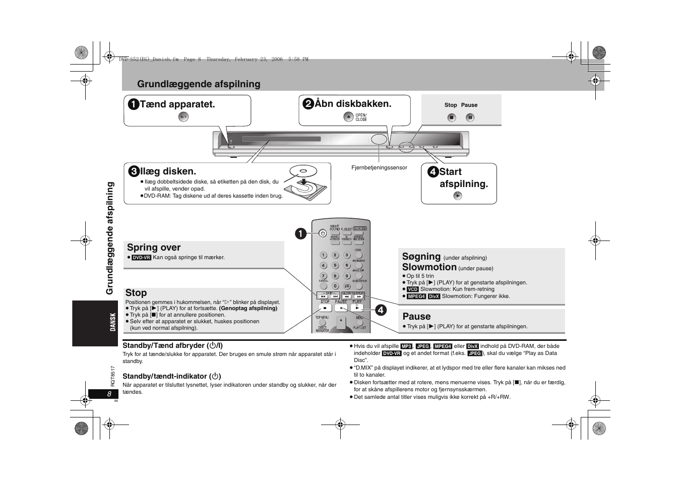 Grundlæggende afspilning, Tænd apparatet, Åbn diskbakken | Ilæg disken, Start afspilning, Spring over, Stop, Søgning, Slowmotion, Pause | Panasonic DVDS52 User Manual | Page 86 / 88