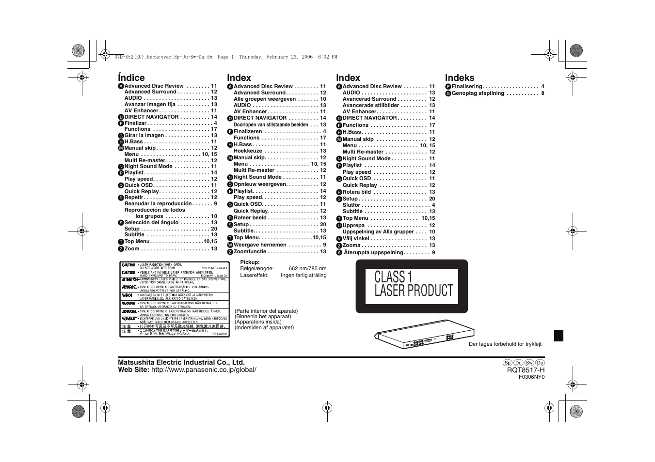 Class 1 laser product, Índice, Index | Indeks | Panasonic DVDS52 User Manual | Page 88 / 88