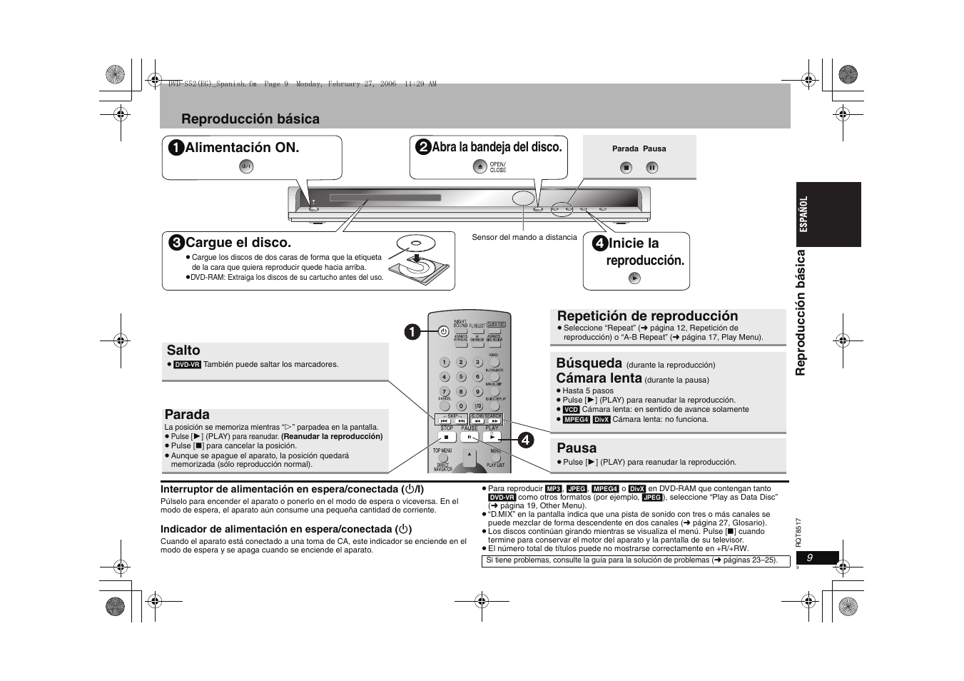 Reproducción básica, Alimentación on, Abra la bandeja del disco | Cargue el disco, Inicie la reproducción, Salto, Parada, Búsqueda, Cámara lenta, Pausa | Panasonic DVDS52 User Manual | Page 9 / 88